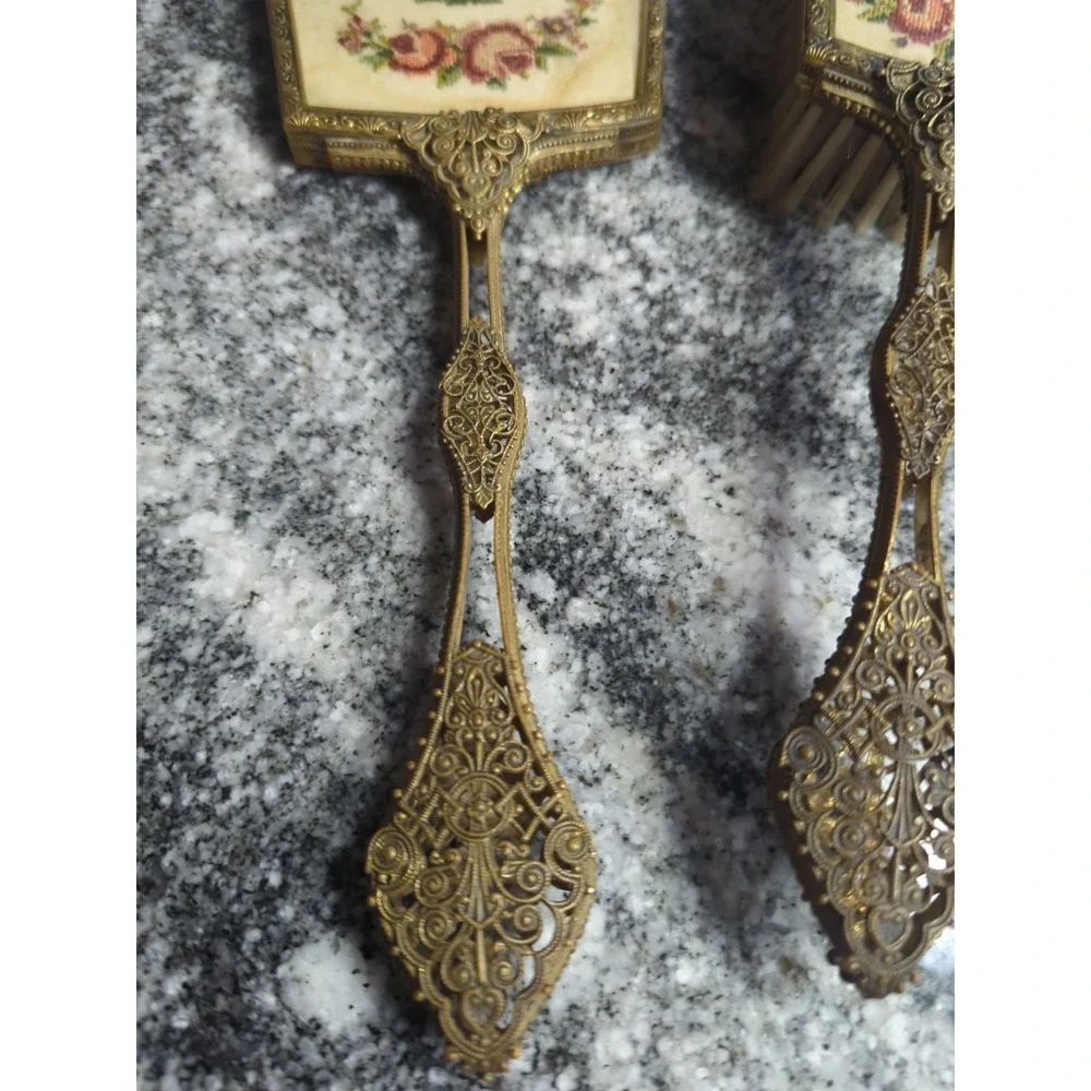 Vintage Floral Tapestry Back Gold Filigree Mirror & 2 Brush Vanity Set
